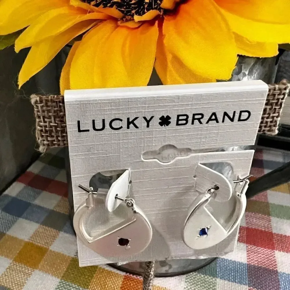 NWT Lucky Brand Silver Red & Blue Pavé Sliced Hoop Earrings #LBER2